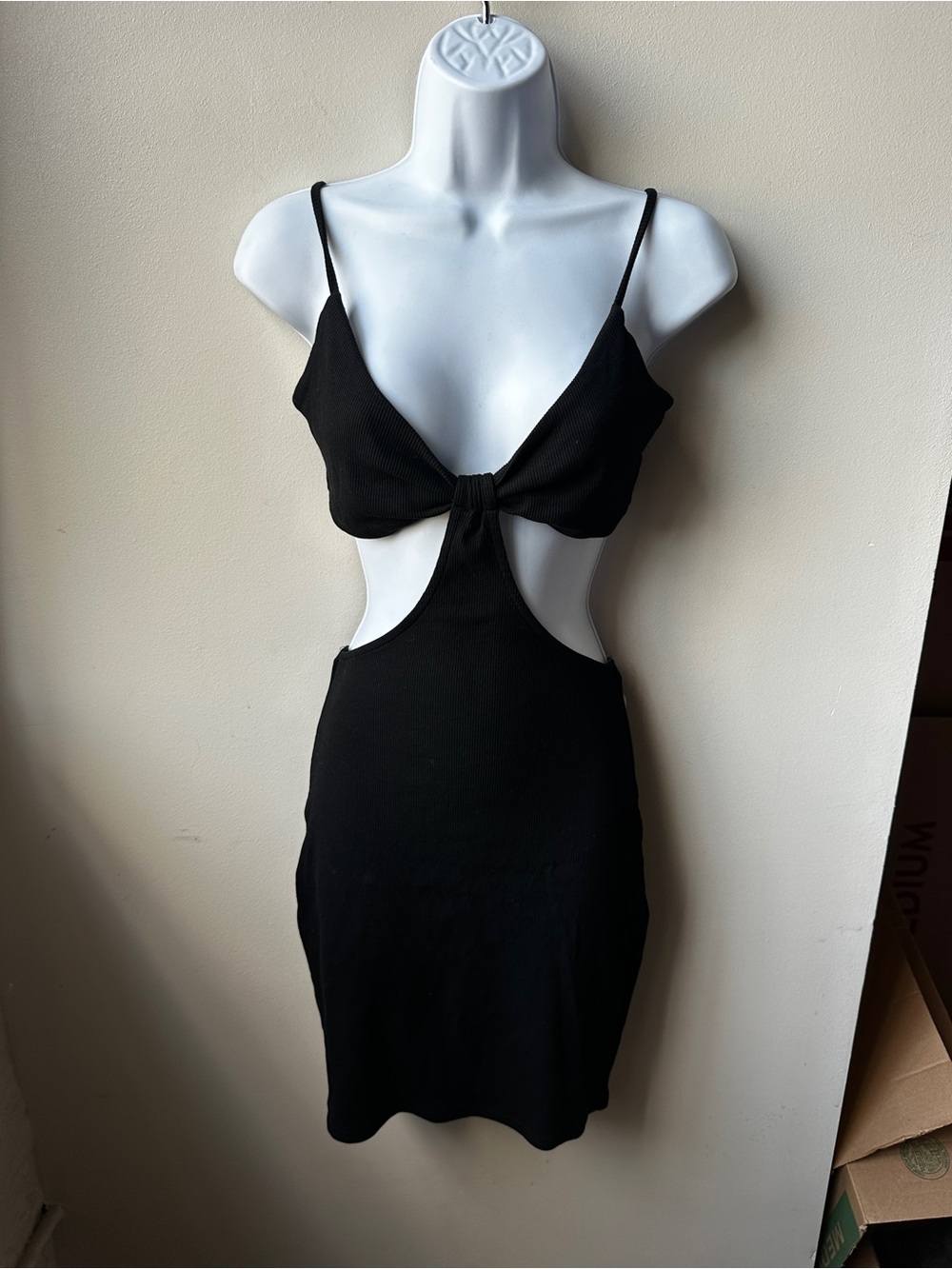 Black Cut Out Bodycon Mini Dress Knot Front Open Cocktail Date Night, S